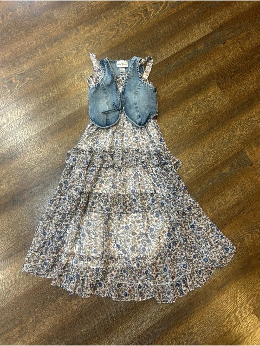 Rare Editions Blue Floral Tiered Maxi Dress with Denim Vest
